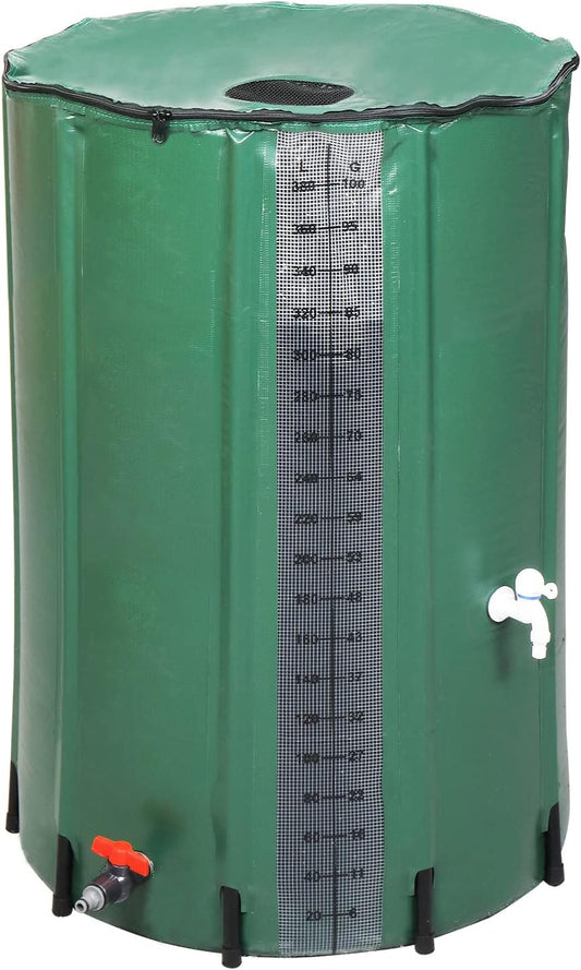 100 Gallon Collapsible Rain Barrel, Rain Catcher Barrel, Portable Rainwater Collection System with Volume Scale Mark, Two Spigots and Overflow Kit, Rain Water Barrel Collector for Garden, Green