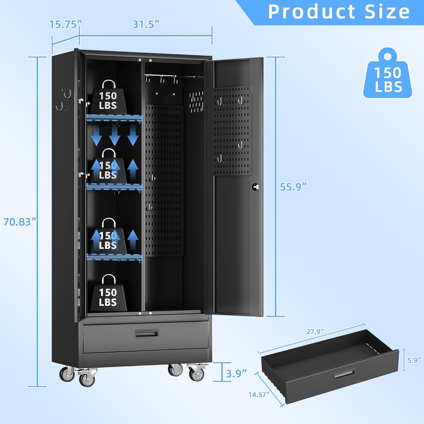 31.5 in Wide Garage Storage Cabinet with Wheels, Metal Storage Cabinet with 1 Drawer and 3 Adjustable Shelves for Home Offices, Gyms and Pantries, Black