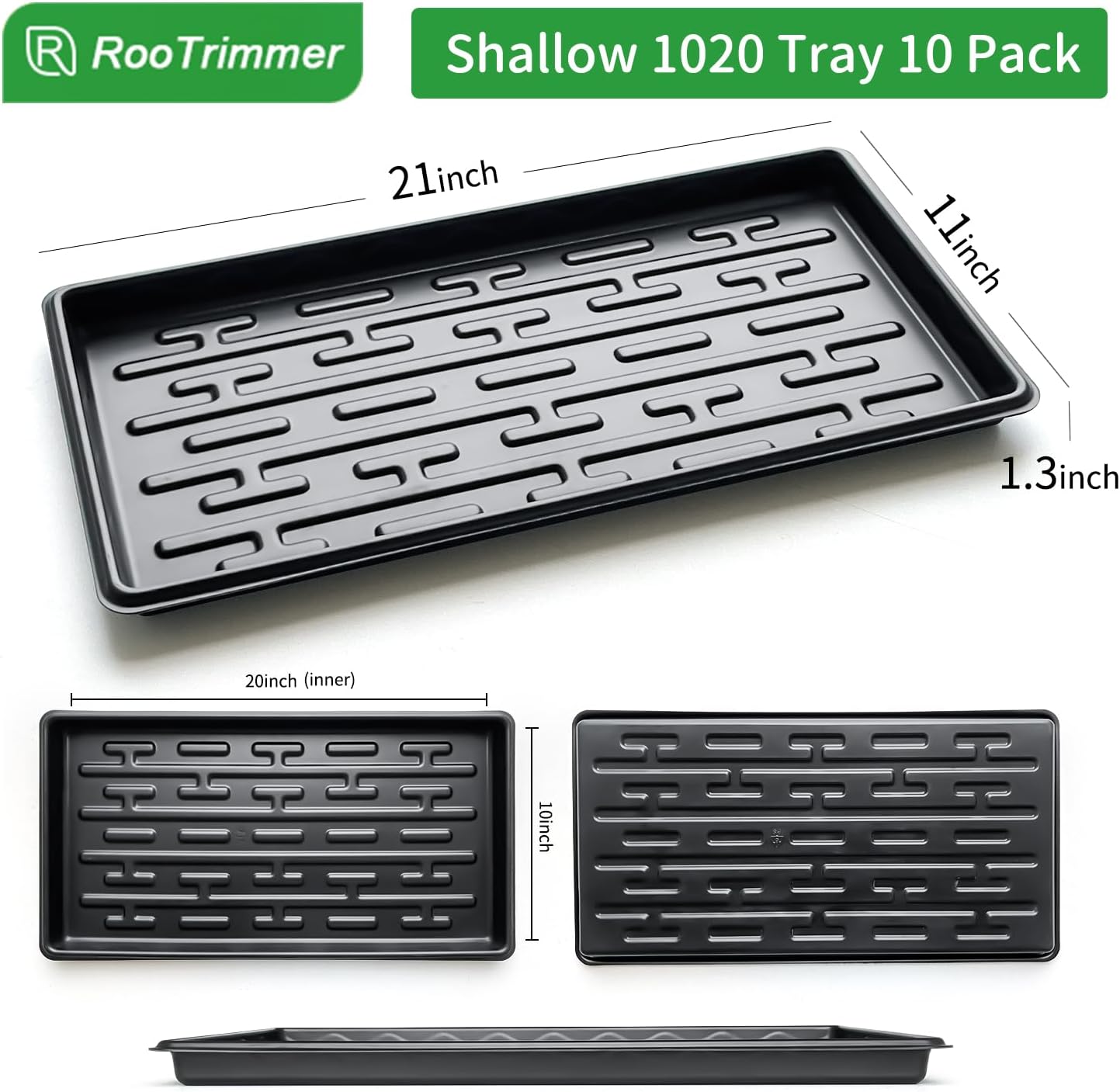 Shallow 1020 Nursery Flat Trays Specialized for Holding & Carrying 200 Cell Plug Seedling Trays (Height is 1.3"),Microgreen Germination Trays,10 Pack, No Holes (YB01, 10Pcs)