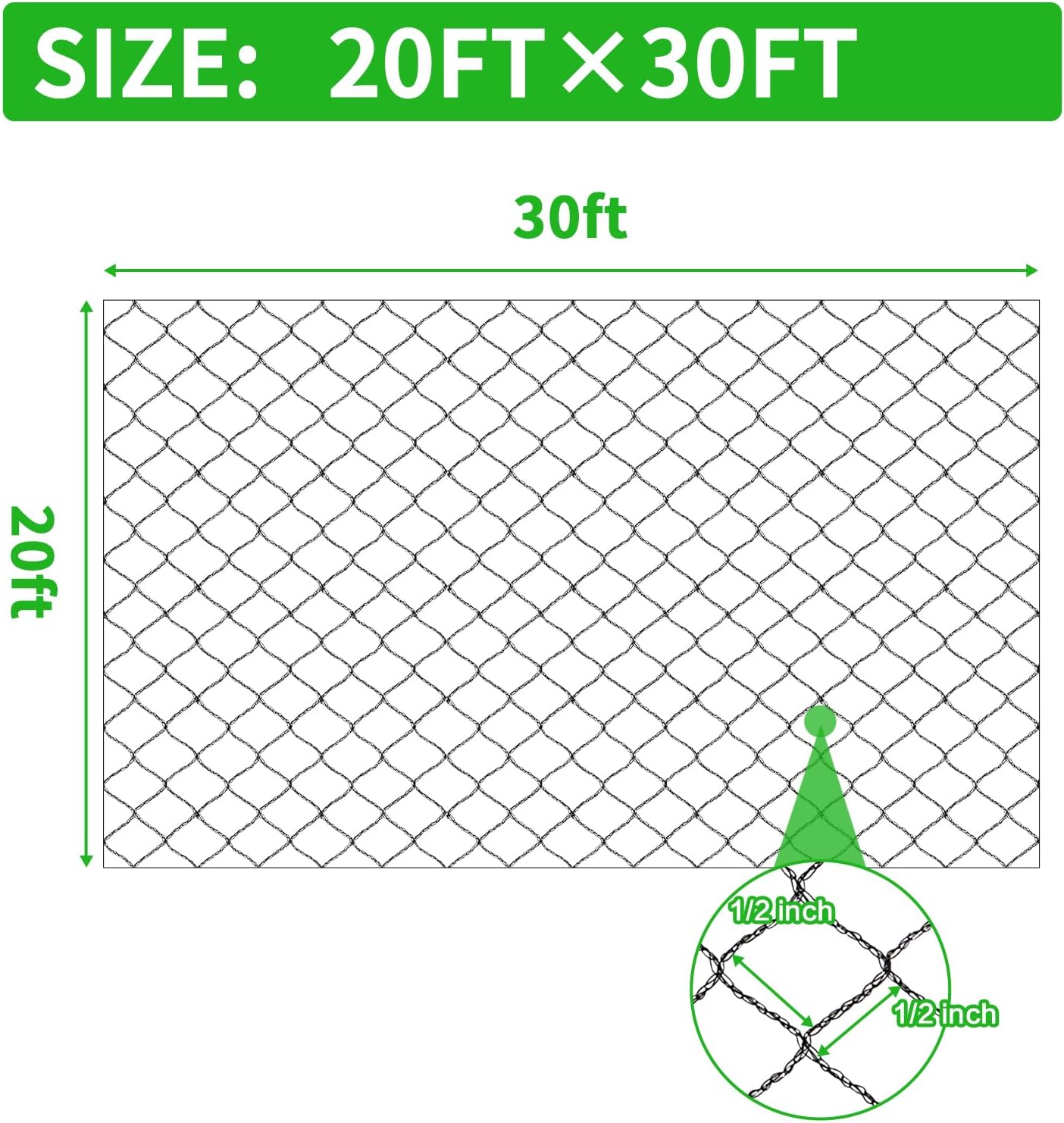 Woven Bird Netting 20X30 FT, 1/2" Mesh, Strong Bird Net Protect Fruit Trees, Blueberry, Vegetables, Strawberry Plants, Garden Netting Pest Barrier, Against Deer, Squirres, Small Critters