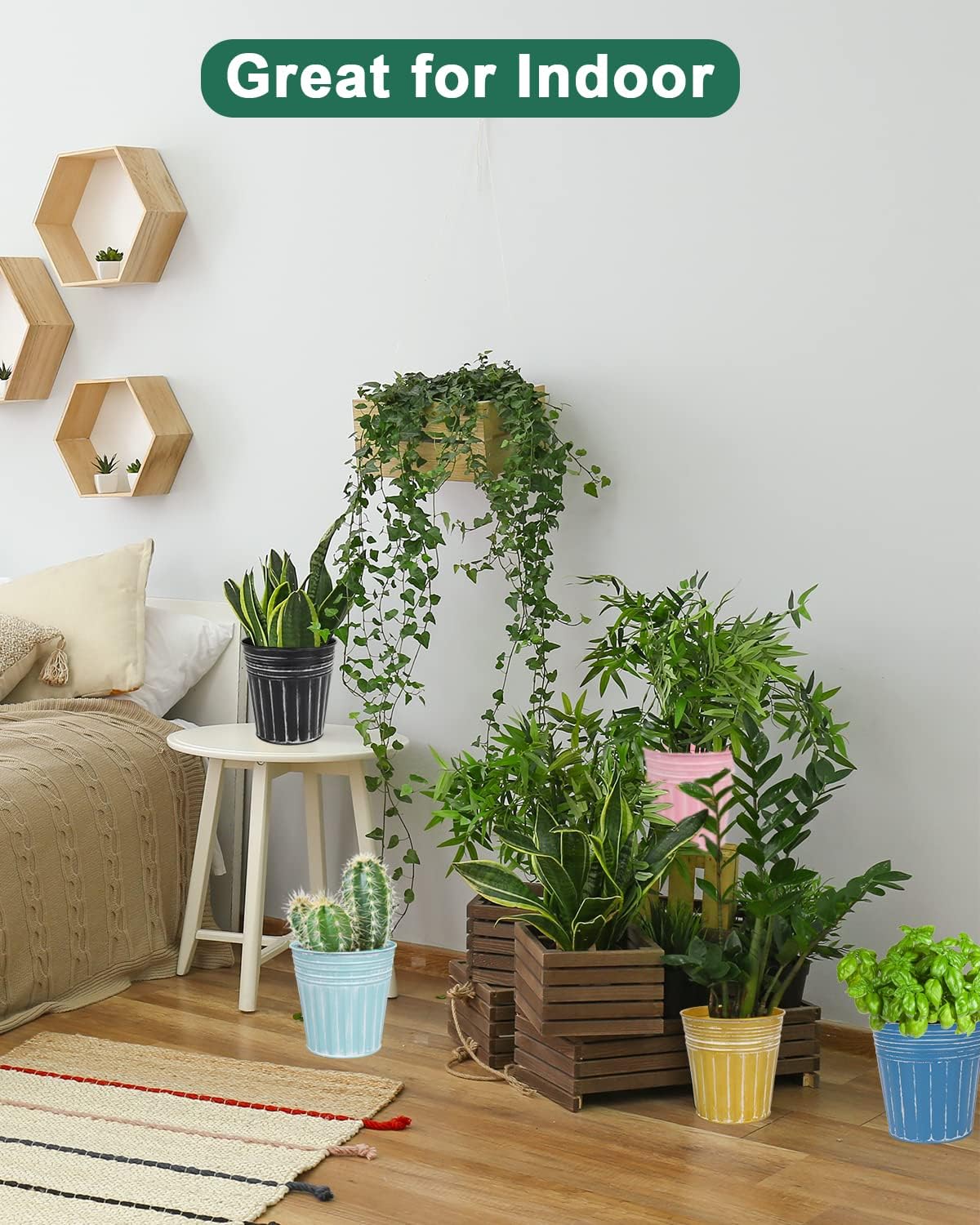 vensovo 6 Inch Gold Metal Rustic Flower Pots - 6Pcs Galvanized Planters with Drainage Hole and Rubber Plug, Rustproof Metal Bucket Plant Pots Farmhouse Vintage Style for Decor