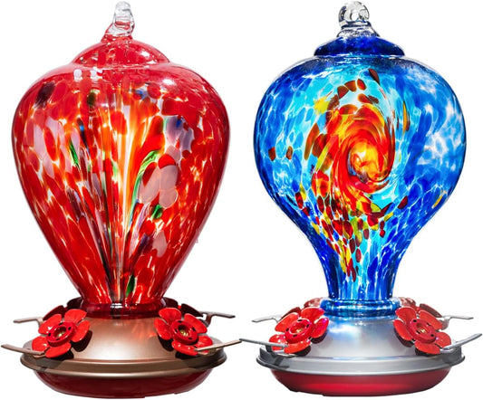 2 Packs Hummingbird Feeder for Outdoors Hanging Ant and Bee Proof, 34OZ 32OZ Hand Blown Glass Hummingbird Feeders for Outside (Red & Blue)