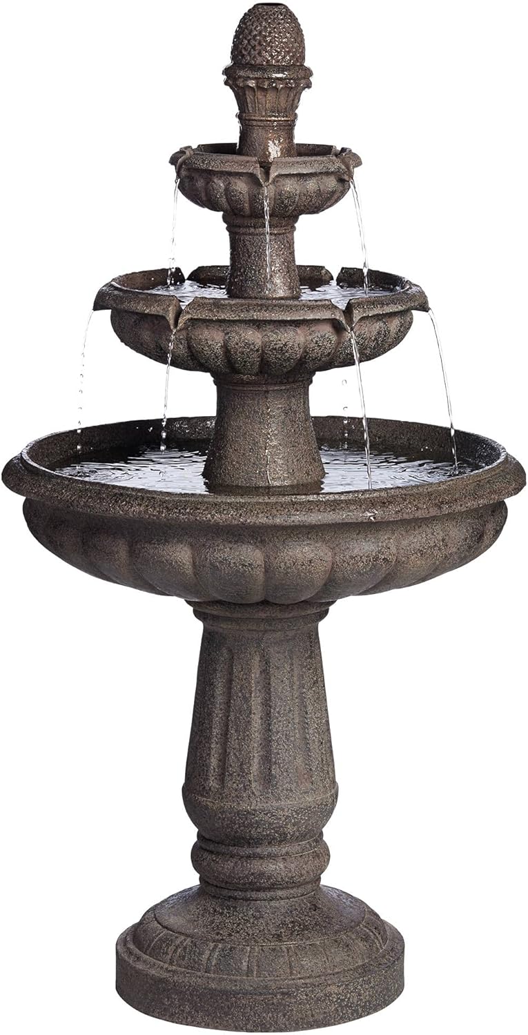 Rendaux 43" High Large Italian Outdoor Decor Gray Faux Stone Floor Fountain with Light LED Waterfall 3-Tier Standing Basin Water Feature for Outside Garden Patio Yard Backyard Porch - John Timberland