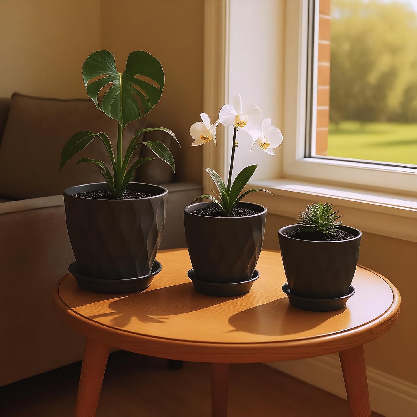 8/7/6/5/4 Inch Plant Pots with Drainage Holes, Setof 5 Plastic Planters for Indoor Outdoor Plants,Indoor Flower Pots, Nursery Planting Pot for Garden OfficeHome Decor(Black, 8/7/6/5/4)