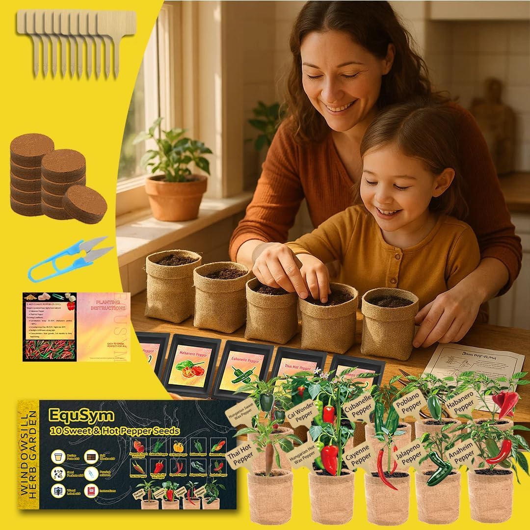 10 Pepper Seeds Window Garden Kit - Hot & Sweet Peppers Seeds for Indoor & Outdoor Planting, Gardening Gift for Kids, Moms, Women, Beginners, Complete Starter Kit Vegetable Garden Starter