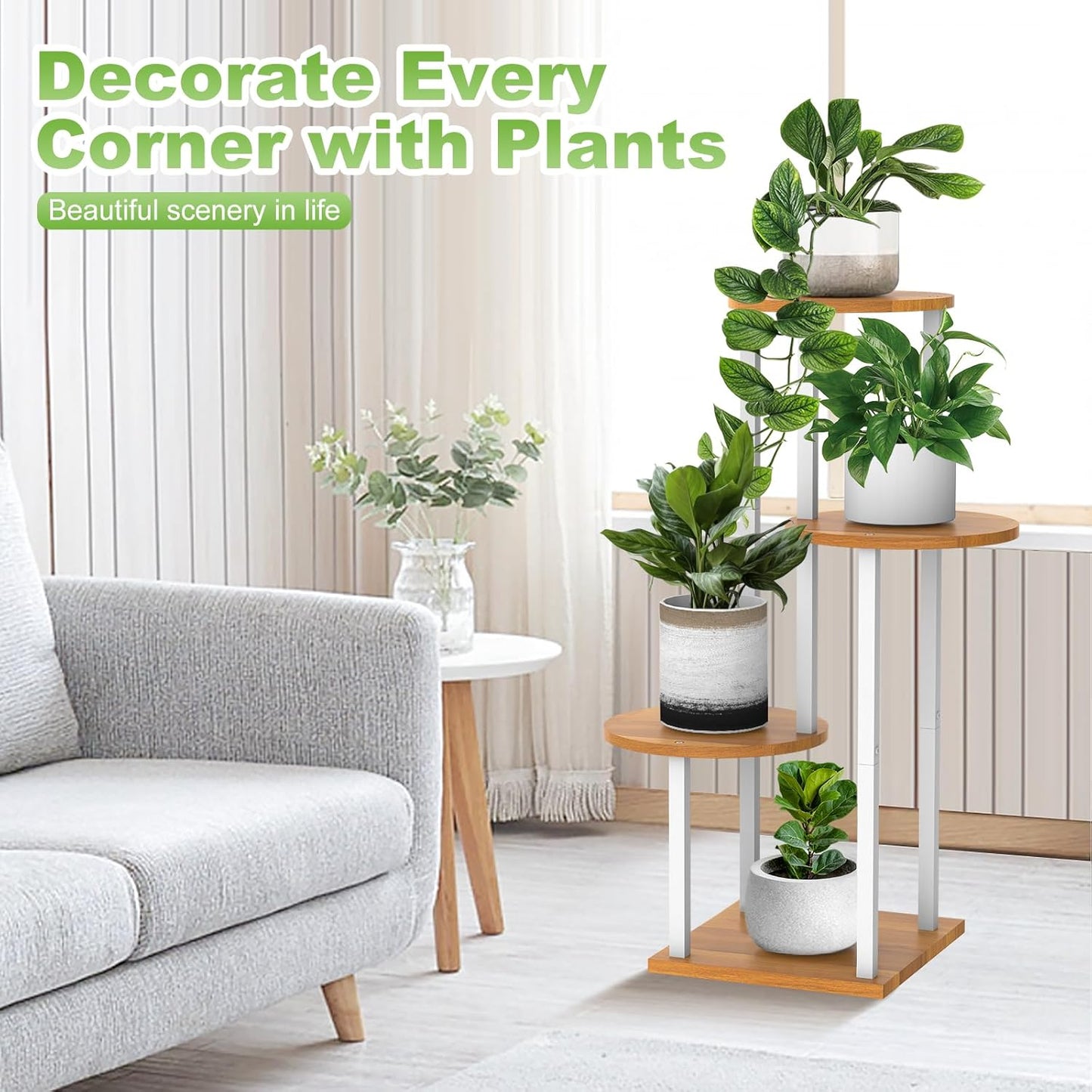 4 Tier Wood Tall Plant Stand Metal Rack Indoor, Multiple Flower Pot Holder Shelves Corner Rack, Round Planter Shelf Display Rack Storage Organizer for Patio Living Room Balcony(White)