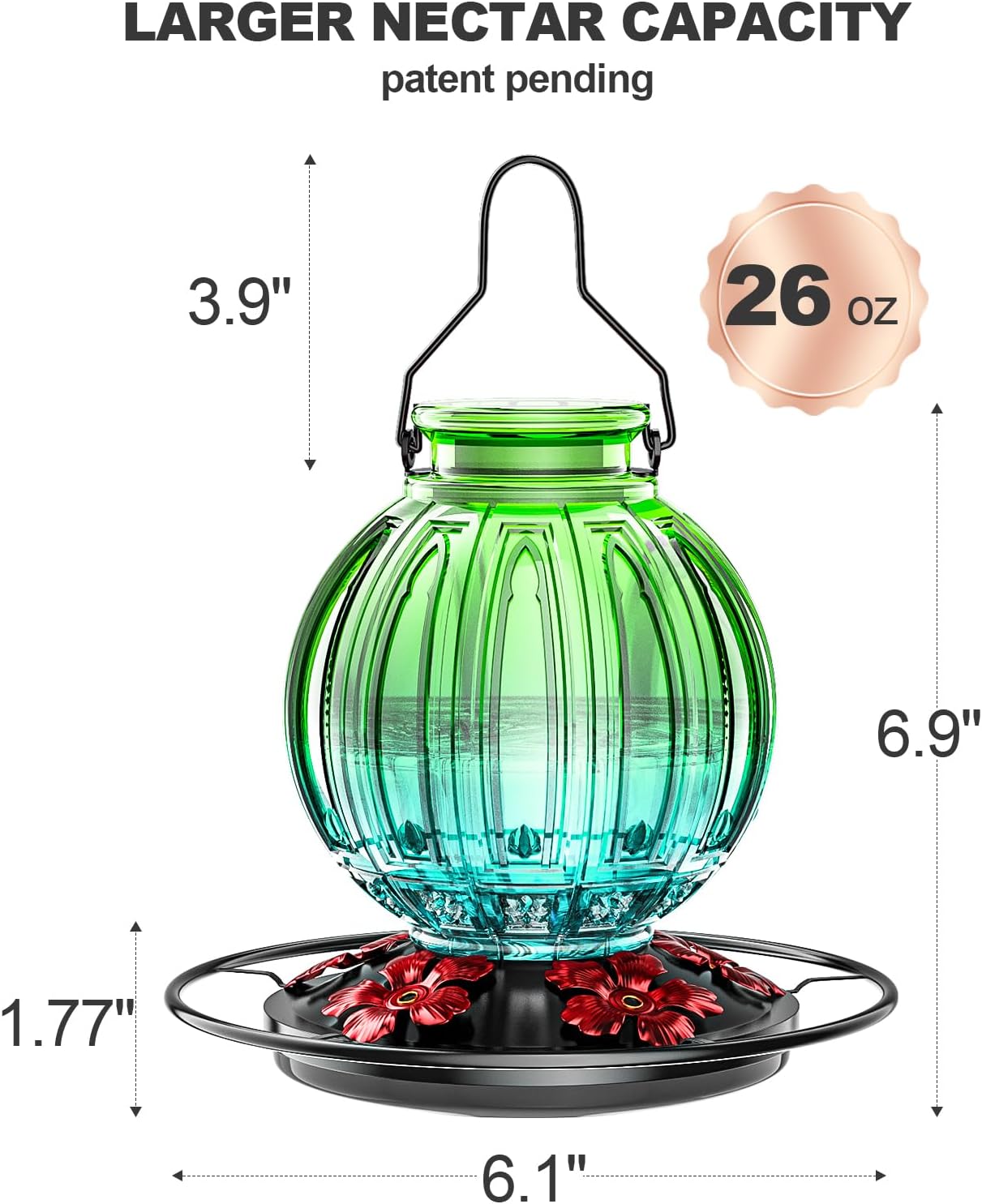 Glass Hummingbird Feeder for Outdoors Hanging, Bird Nectar Feeder with Perch & 5 Flower Feeding Ports, 26 Oz Leak Proof for Outside Garden Decor Backyard, Gifts for Women Mom, Green & Blue