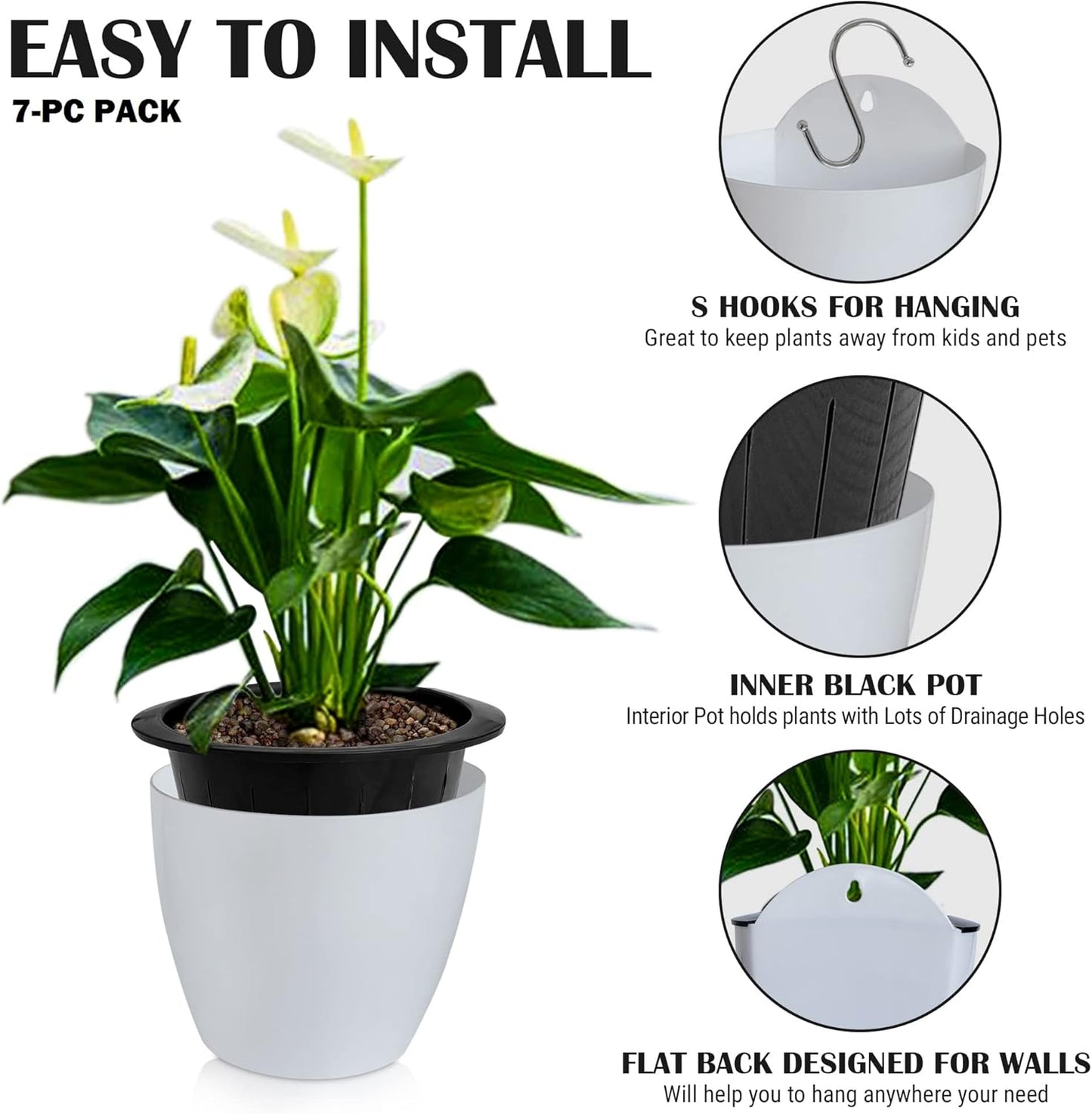 ShoppeWatch Self Watering Wall Planters for Indoor Plants 7 Pack | Hanging Planters Medium 5 Inch with Hooks | White Wall Pots for Plants | 5.0 x 5.3 inches PL34