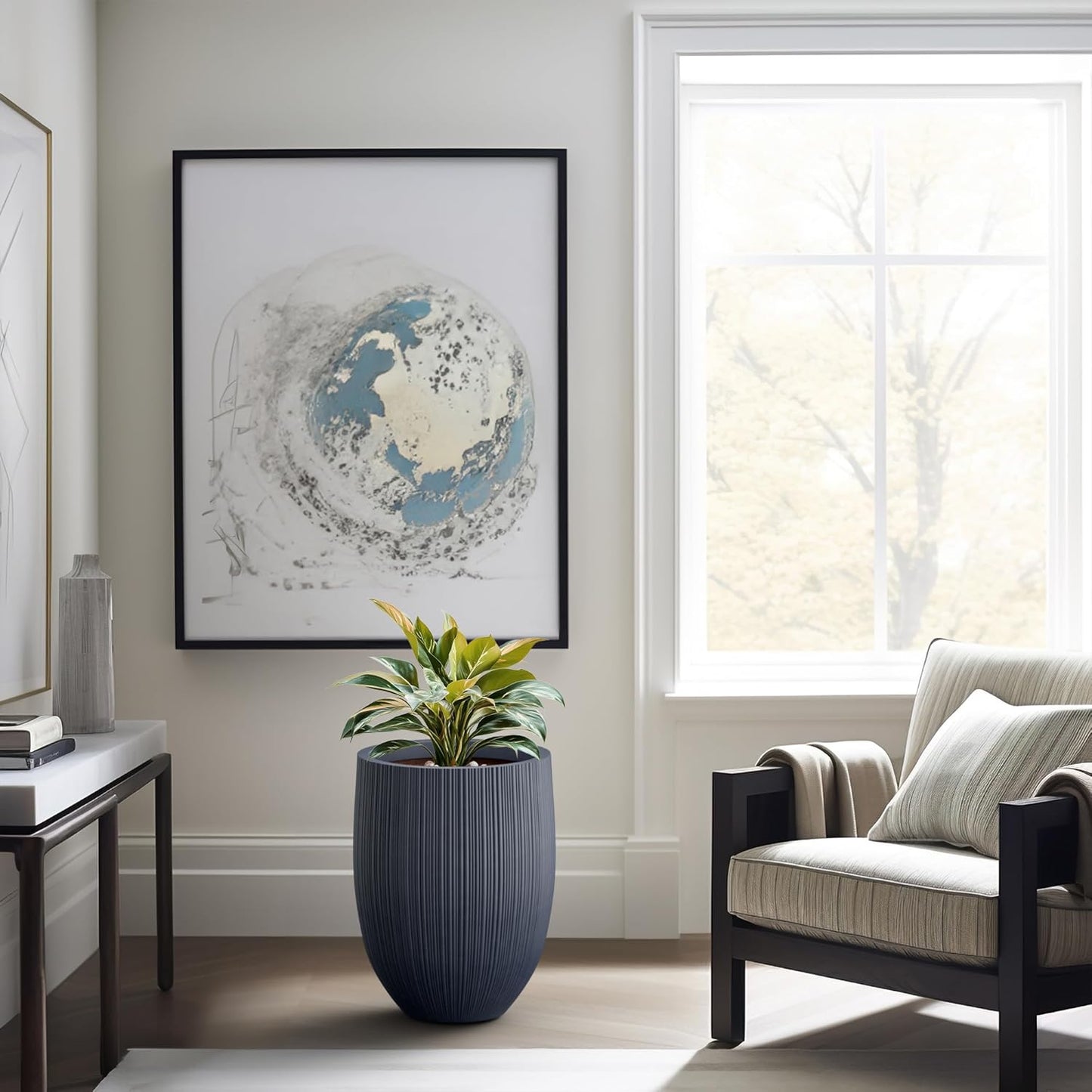 Kante Round Fluted Concrete Planter, 16.9-Inch Dia Barrel-Style Pot with Drainage Hole, Charcoal Finish with Warm Brown Interior, 13.7" Opening, for Indoor and Outdoor Use