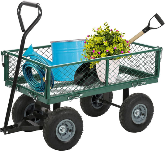 BestMassage Heavy Duty 500 Lbs Capacity Mesh Steel Garden Cart Folding Utility Wagon with Removable Sides for Beach Lawn Yard Landscape (Green)