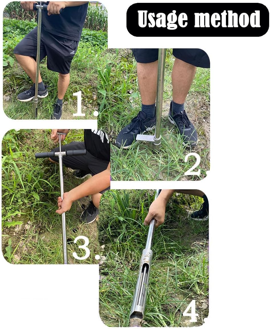 INTBUYING 40’’ Soil Sampler Probe Soil Test Probe with 9.8’’Sample Ejector and Foot Pedal T Rubber Handle Stainless Steel 2.7'' Dia for Soil Sampling Lawn Garden Farm