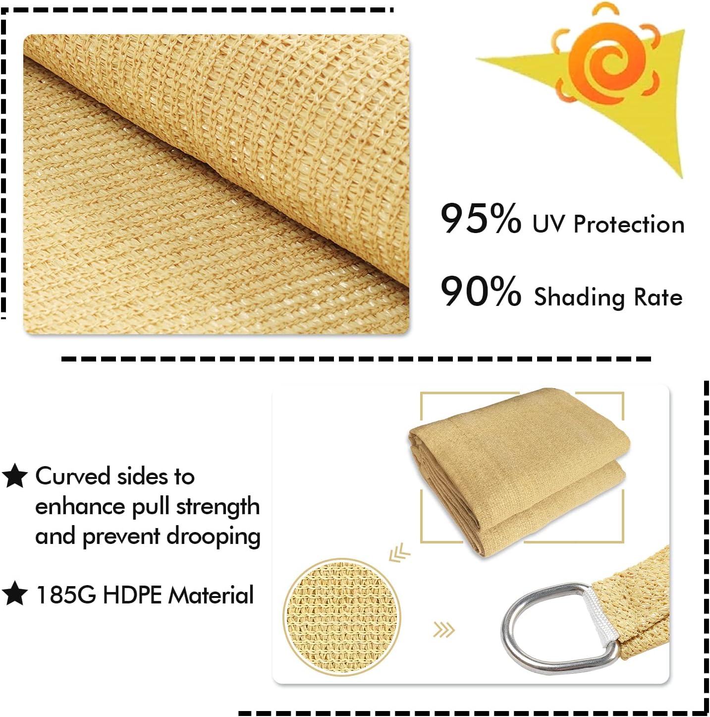 KANAGAWA 16'X16' Sand Custom Size Sun Shade Sail Square UV Block Canopy Cover for Patio Backyard Lawn Garden Outdoor (Customized Available)