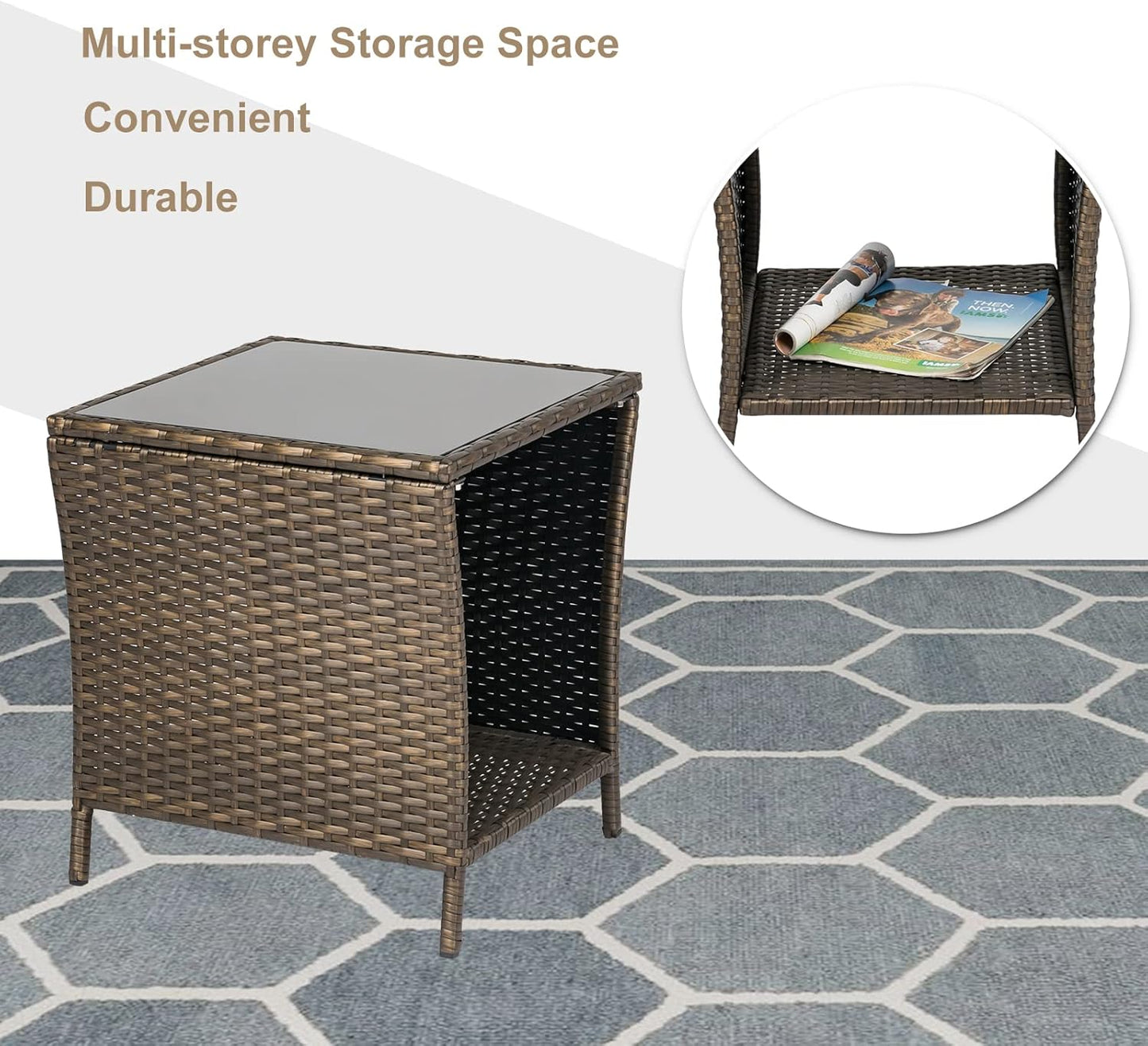 Outdoor Small Patio Table - PE Rattan Coffee Table, Wicker Side Table for Patio, Balcony & Porch, Durable & Iron Frame (1, Dark Blonde)