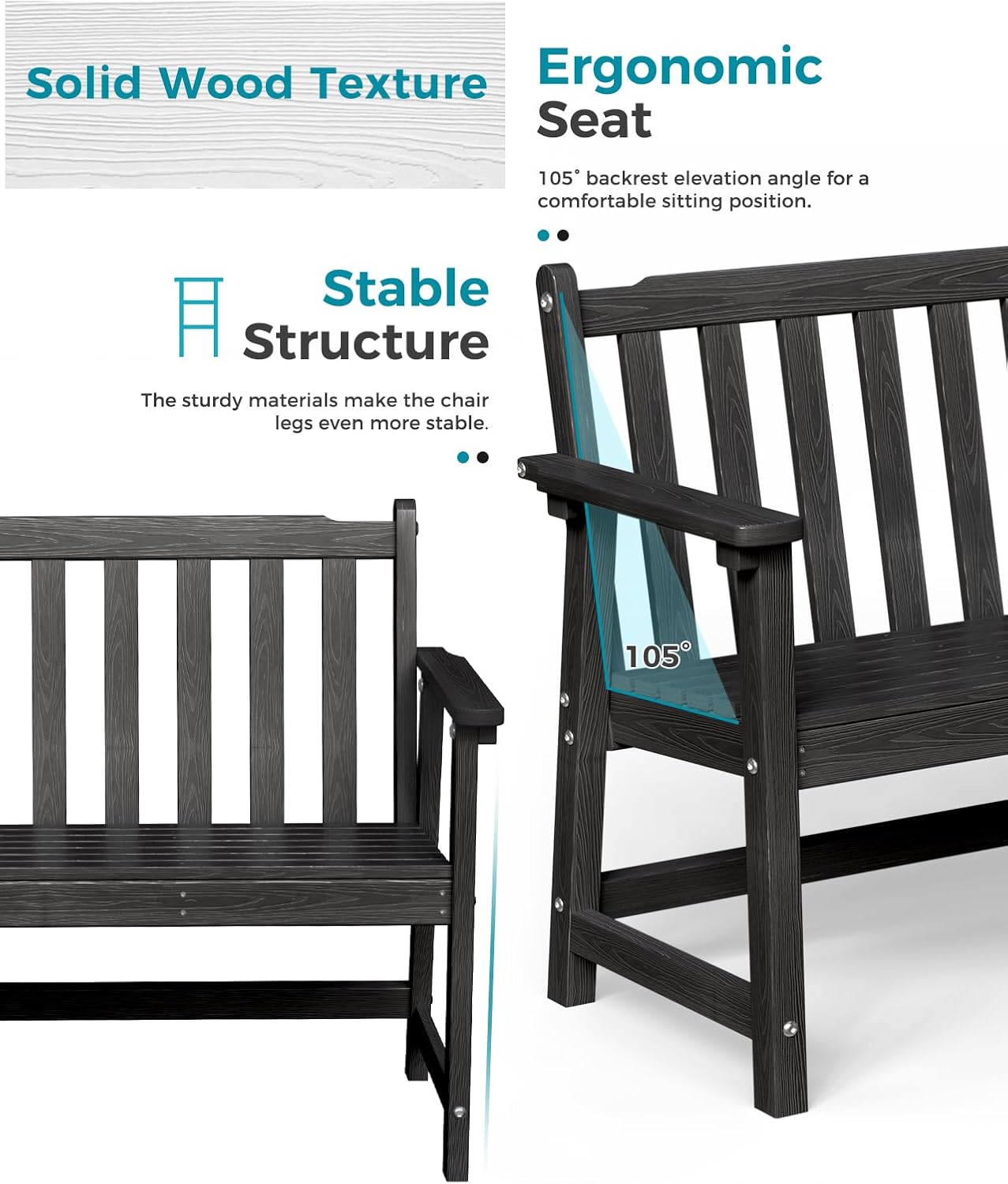 Outdoor Bench, 2-Person HDPE Garden Bench, All Weather Poly Patio Bench for Outdoors, Garden, Backyard, Porch and Park, 550 lbs Weight Capacity, Black, 2 Pack