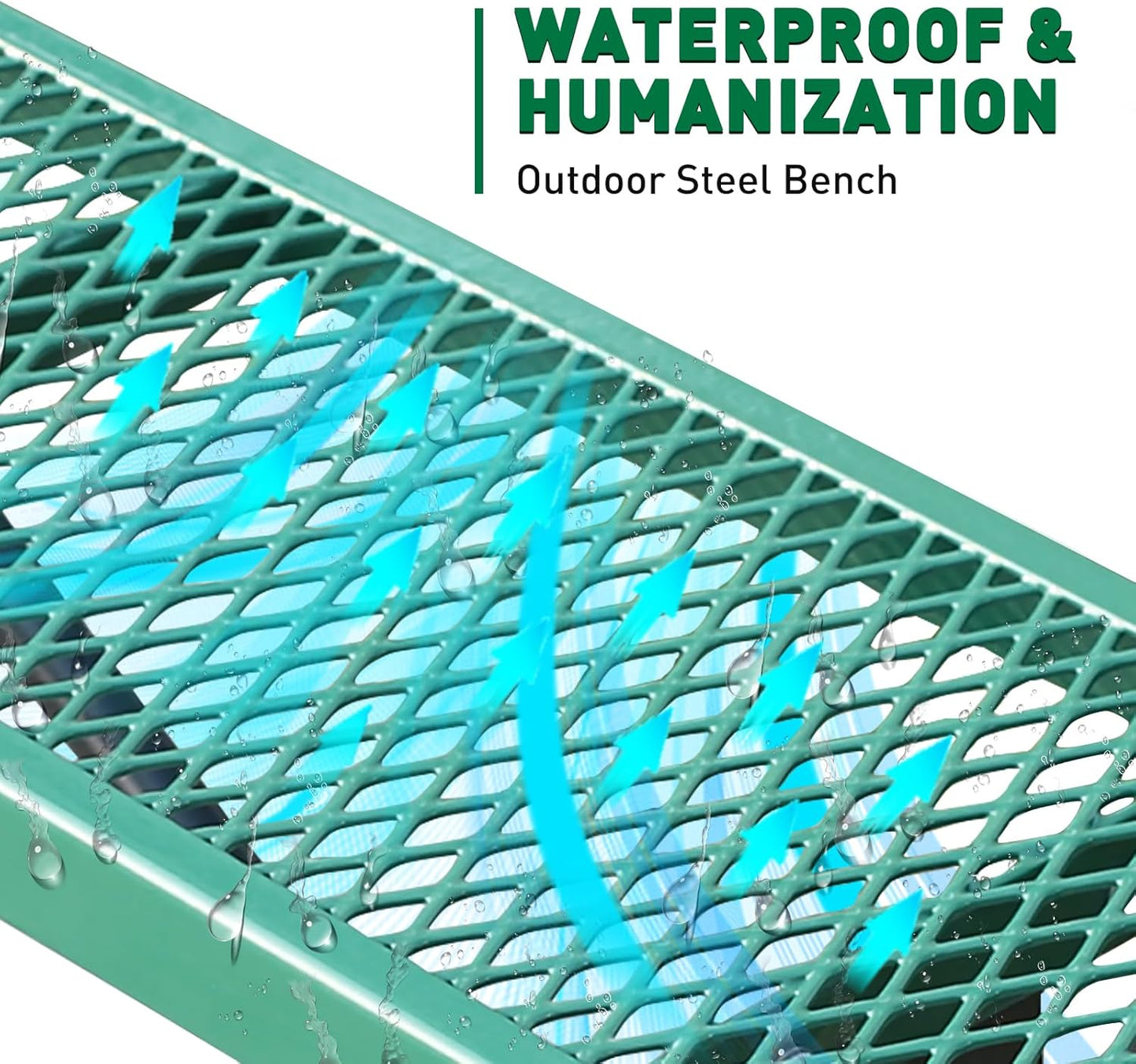 Thermoplastic Coated Iron Park Bench for Outside, Heavy Duty Metal Garden Bench, Expanded Commercial Grade Seating for Shopping Malls, Lawn Yard Porch Entryway (Green without Backrest, 96IN)