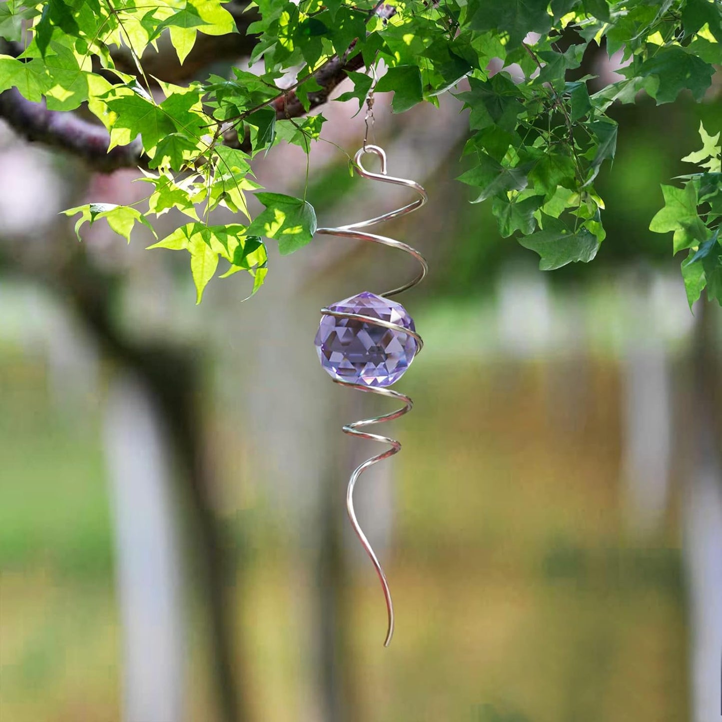 Fonmy Gazing Ball Spiral Tail -Decorative Wind Spinner Sun Catcher Rainbow Maker 11 inch Tail and 2 inch Purple Crystal Orb. Indoor Outdoor Garden Decoration -13 inch Height