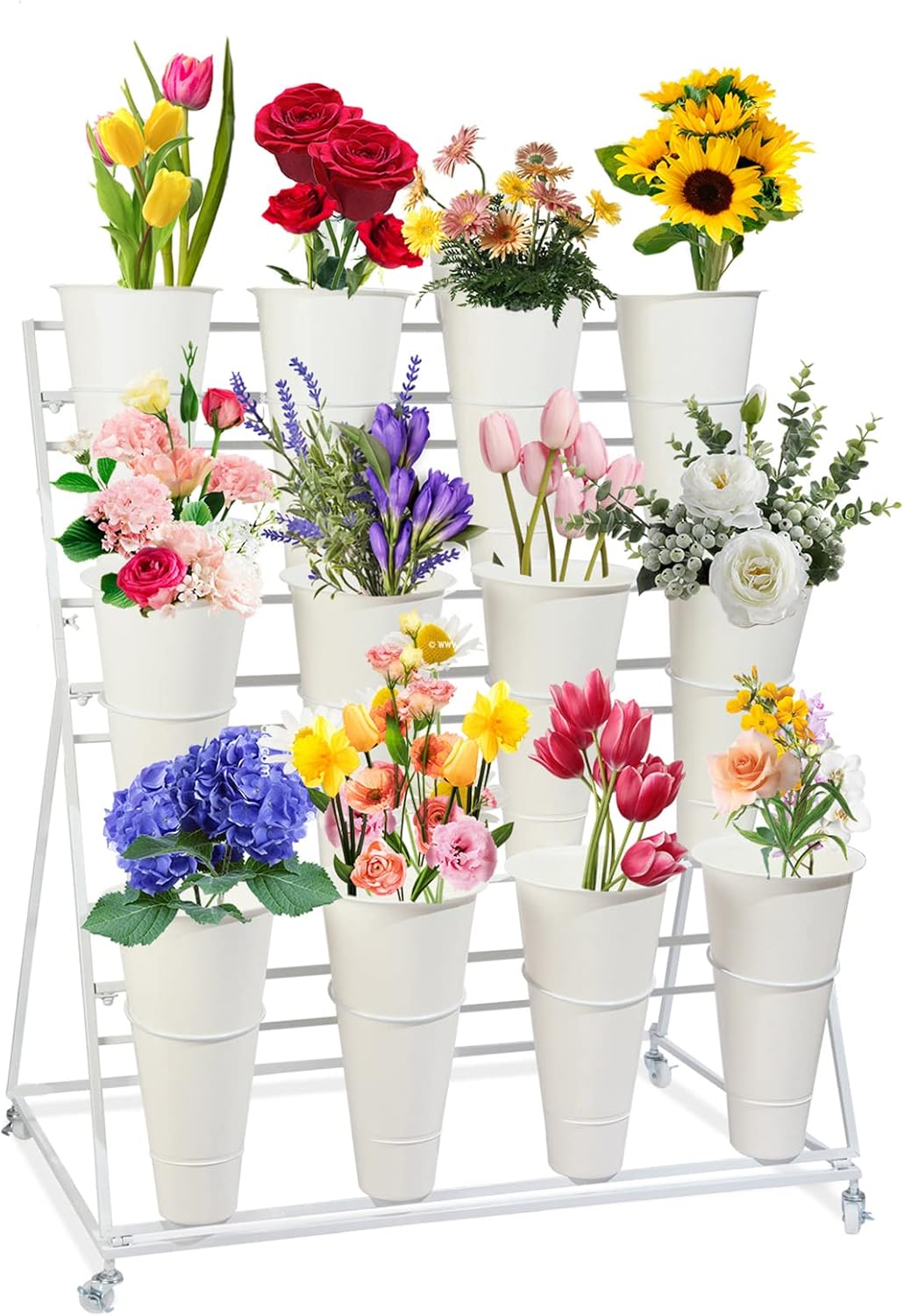 Flower Display Stand with Buckets, 3 Layers Metal Plant Stand, Moving Florist Bouquet Shelf for Fresh Flower Shop, for Patio Garden, Outdoor Flower Pop-Up Events (White Frame - White Bucket)