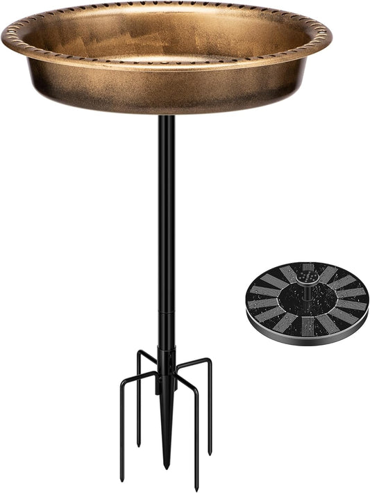 VIVOHOME Oval Polyresin Bird Bath Bowl with Solar Fountain, 29 Inch Height Outdoor Freestanding Birdfeeder with Metal Stake, Capacity 1.3 Gallons, 5-Pronged Base, Copper