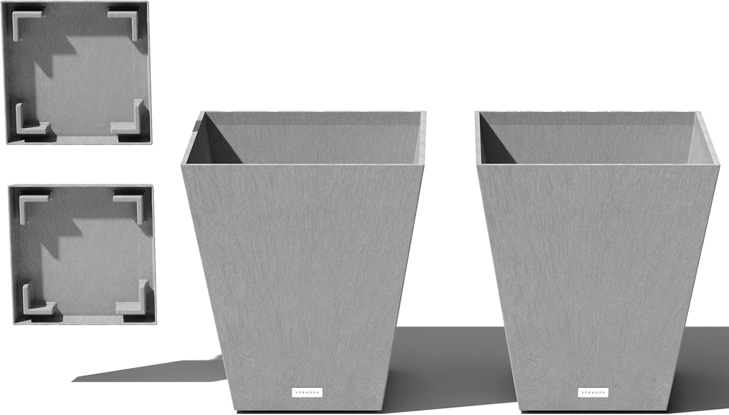 Veradek Nobleton Indoor/Outdoor Wide Square Planter (Light Grey, 18 inch - 2 Pack with 2 Saucer Trays)