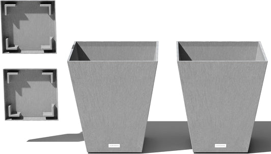 Veradek Nobleton Indoor/Outdoor Wide Square Planter (Light Grey, 18 inch - 2 Pack with 2 Saucer Trays)