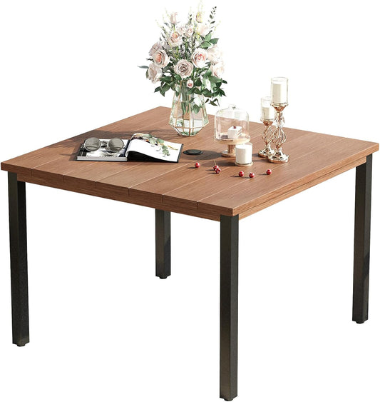 VICLLAX 40.2" Square Patio Dining Table for 4, Outdoor Table with Umbrella Hole, All Weather Metal Patio Table for Lawn Garden, Walnut Wood-Like Tabletop