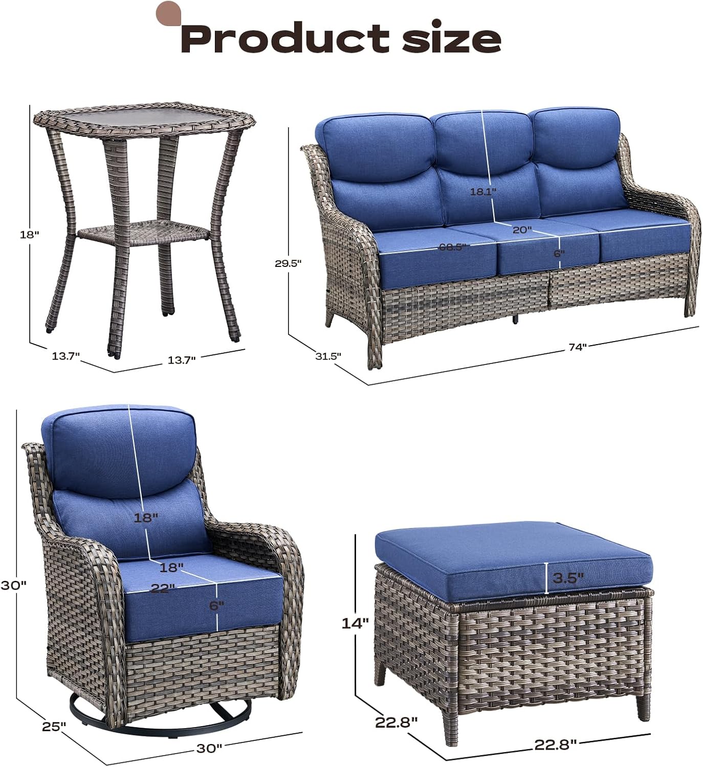 Wicker Outdoor Patio Furniture Sets - 6 Piece Patio Conversation Set with Swivel Rocker Chairs, Ottomans, Sofa and Side Table, 6 inch Cushions, Waterproof Wicker, for Porch Deck Mixed Grey/Blue