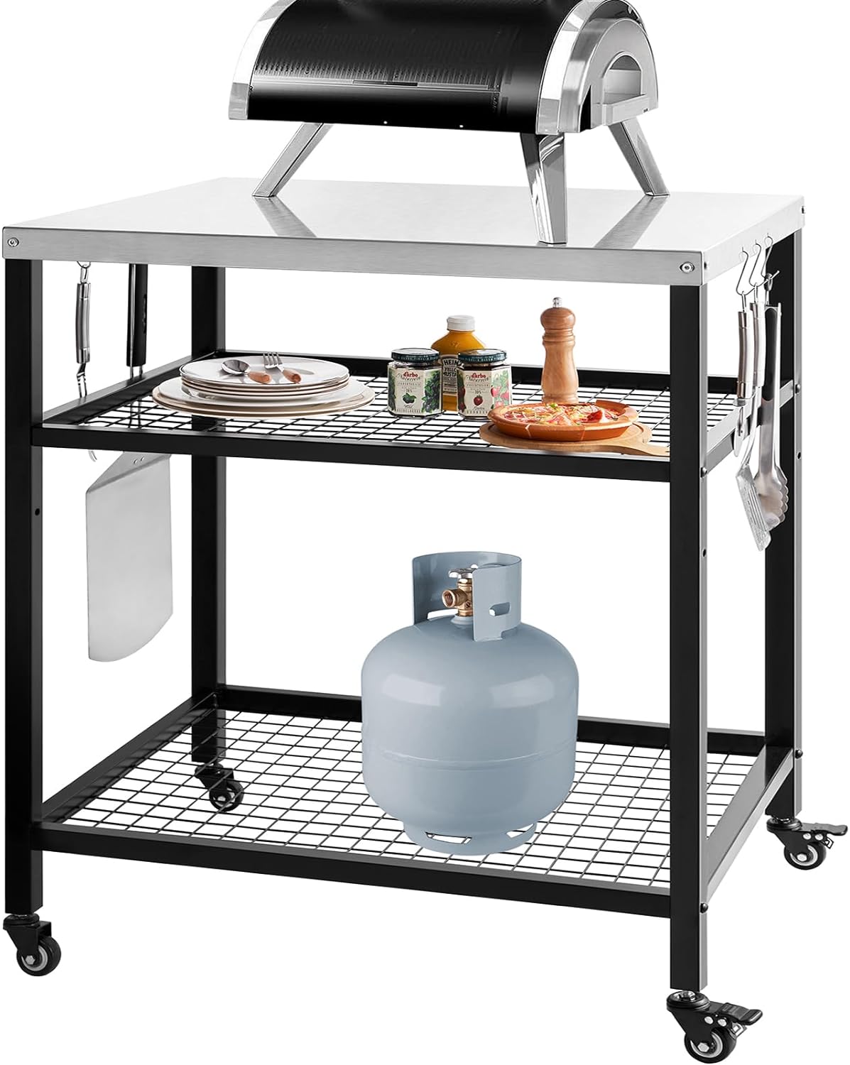 Stainless Steel Grill Cart with Cover Pizza Oven Stand with Water-Proof Cover Trolley Table with Wheels Three-Shelf Movable Food Prep and Work Cart Table Heavy Duty Grill Cart Outdoor 31.5"×24"×35.5"
