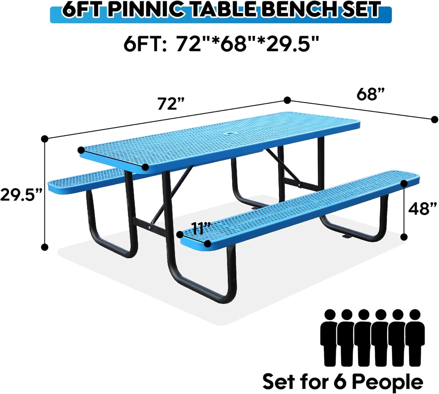 6FT Metal Picnic Tables for Outdoors, Commercial Rectangular Picnic Table and Bench Set for Outside, Patio, Garden, Backyard, Porch, Surface Mount, Blue
