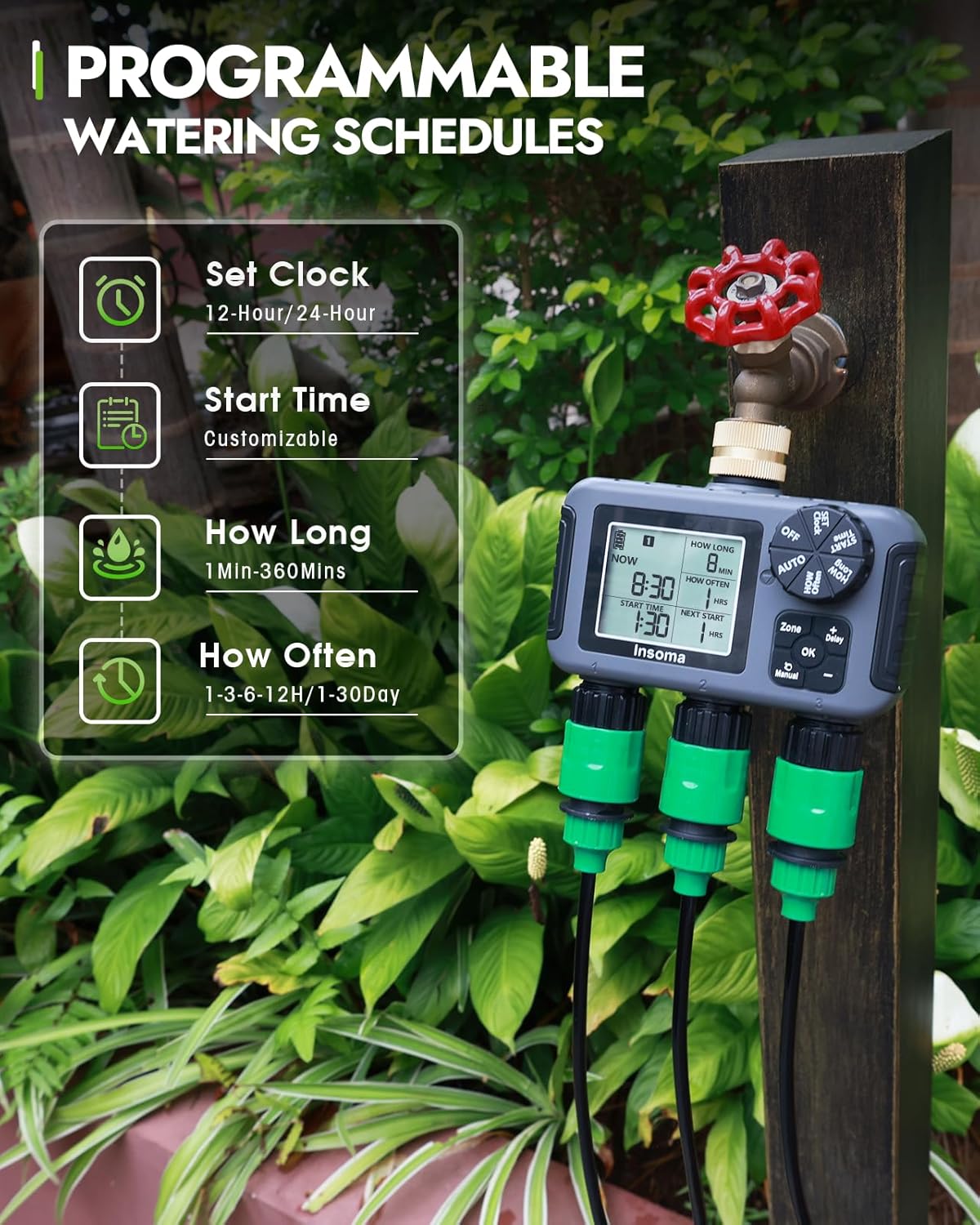 Insoma 3-Zone Sprinkler Timer with Brass Inlet + IPX5 Waterproof | Programmable Auto/Manual Irrigation Mode with Rain Delay & Large LCD | Water Hose Timer 3 Outlets for Garden, Lawn, Yard, Pool