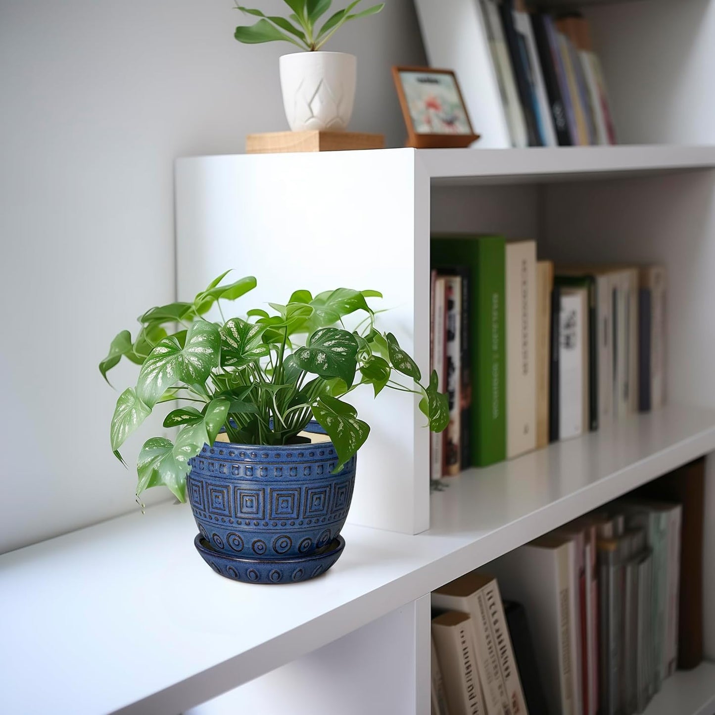 G EPGardening Plant Pots Indoor 5 Inch - Ceramic Pot for Plants with Drainage Hole and Saucer Round Planter Outdoor Modern Flower Pot Home Office Decor Blue