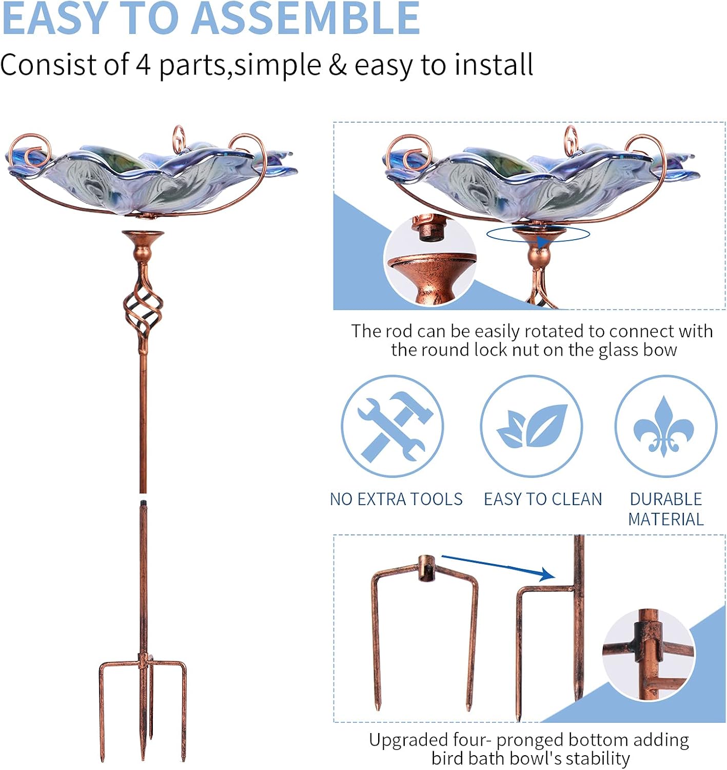 VCUTEKA Glass Bird Bath Outdoor BirdBath Bird Feeder with Metal Stake Garden Decor