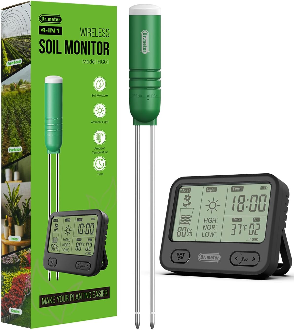 Dr.meter 4-in-1 Soil Moisture Meter, 300ft Wireless Soil Tester Sensor, Temperature/Light/Time/Soil Hygrometer Monitor with Digital LCD Display for Indoor Outdoor Plants, Garden, Lawn, Gardening Gifts