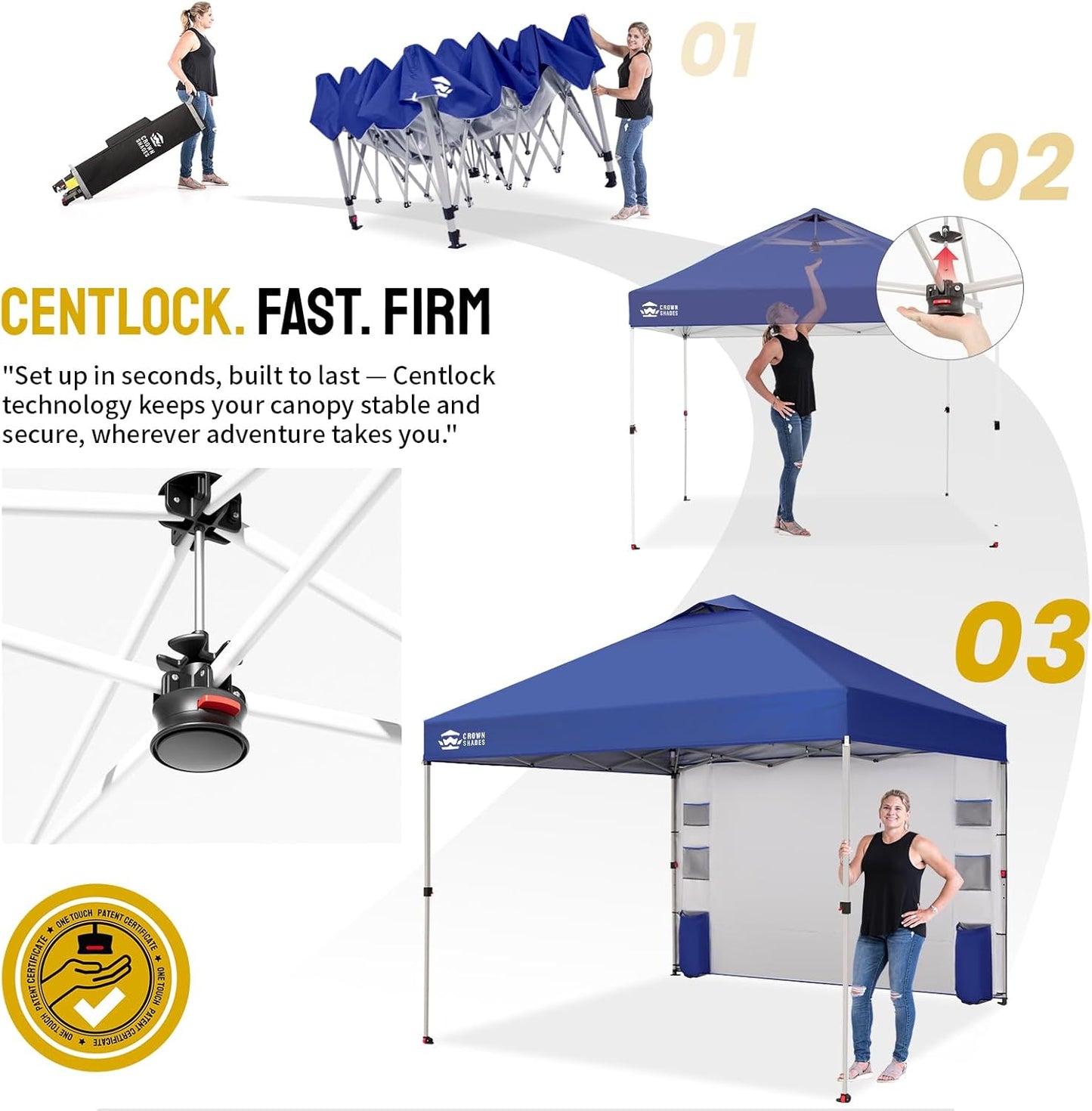 CROWN SHADES Canopy Tent, 10 x 10 Foot Portable Pop Up Outdoor Shelter with Pocket Sidewall, Push Center Lock, UV Protection, and Carry Bag, Navy Blue