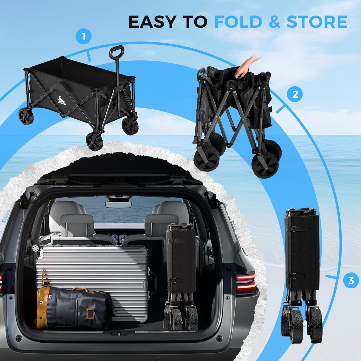 Collapsible Wagon Carts with Large Capacity, Foldable Grocery Cart with Side Pockets for Outdoor,Utility Beach Wagons Heavy Duty,300lb Load-Bearing for Camping, Garden, Sports, Shopping-Black