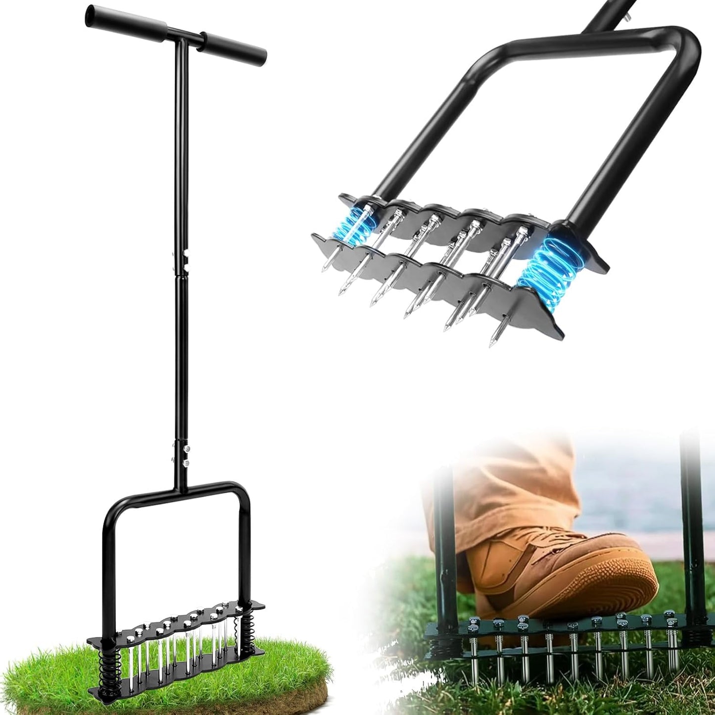 Aerator Lawn Tool, Lawn Aerator with 14 Spikes, Automatic Dirt and Leaf Clean with Spring-Loaded Design, Metal Manual Aerator for Loosening Soil Aerating Patio, Yard, Garden (Black)