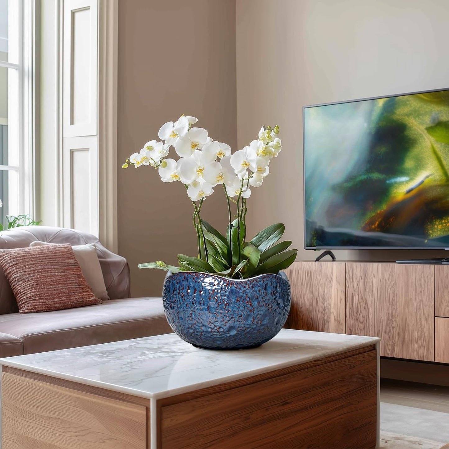 10 Inch Plant Pot - Ceramic Planter for Indoor Outdoor, Round Bonsai Pots, Decorative Flower Pots with Drainage Hole, Modern Unique Planters, House Decor, Home Gifts, Retro Blue