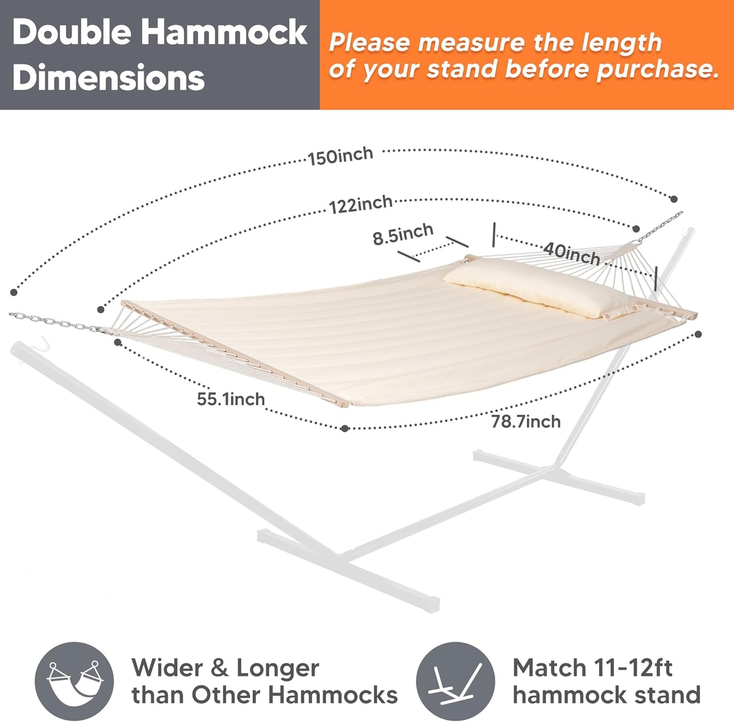 SUNCREAT Hammocks Replacement Hammock for Stand, 475 lbs Capacity, Two Person Backyard Hammock for Outside, Beige