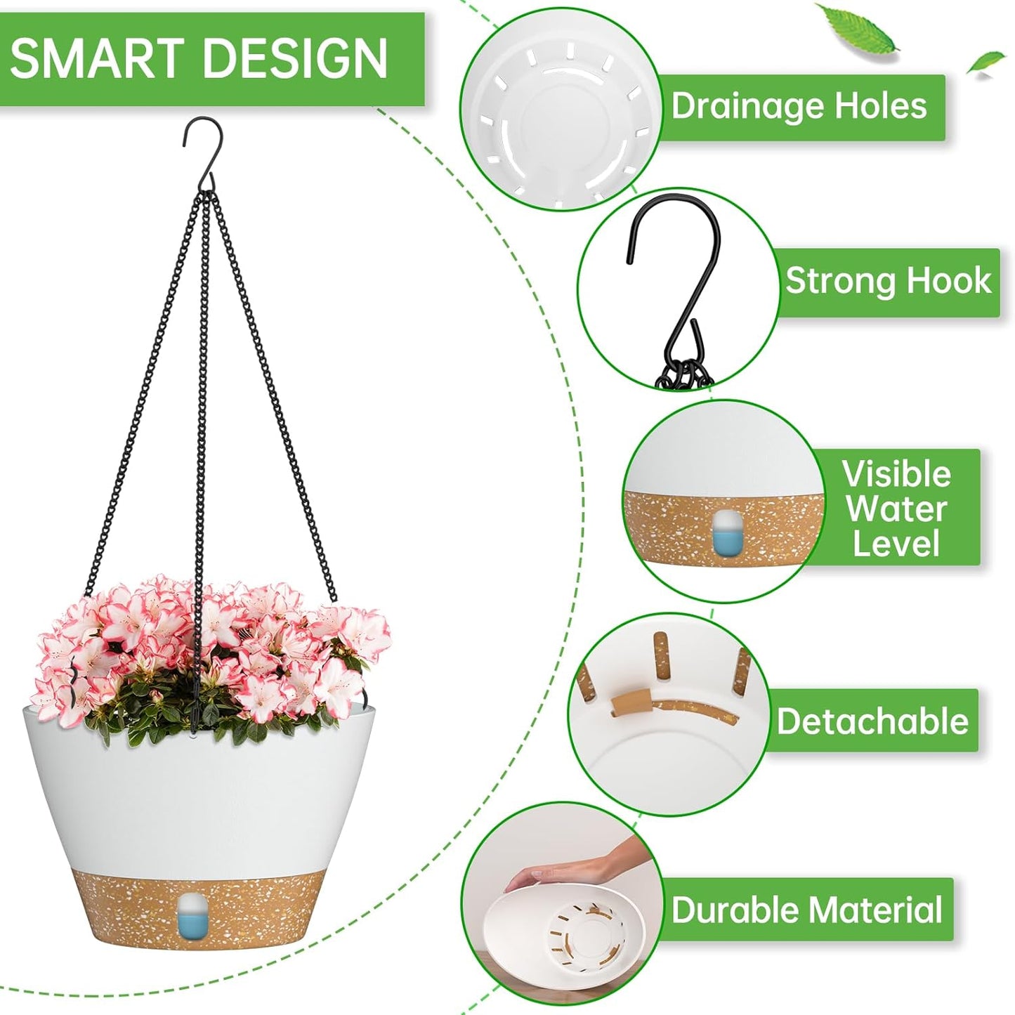 ZMTECH 10 Inch Hanging Planters for Outdoor Plants, Hanging Pots for Plants Indoor with Visible Water Level, Hanging Flower Basket with Drainage Holes & Removable Tray(2 Pack, White)
