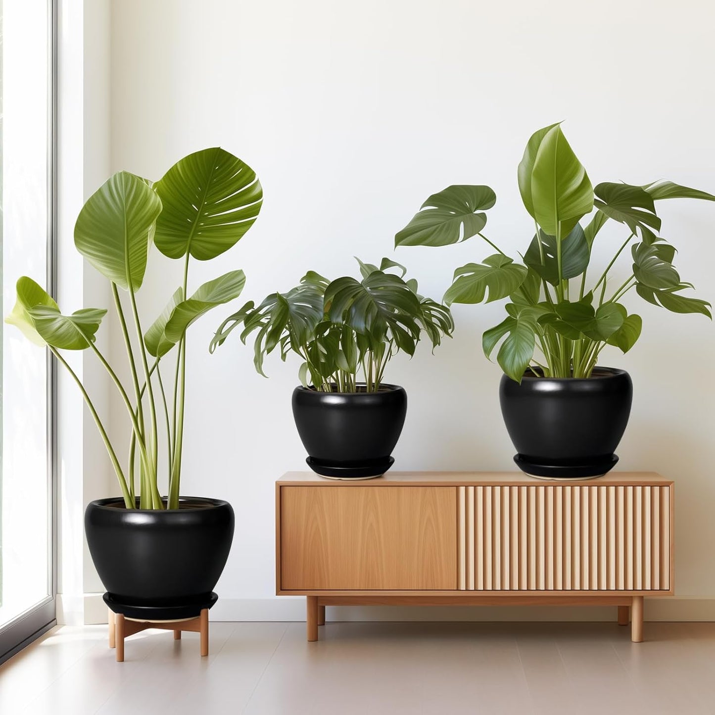 Ceramic Planters Pots - 10 Inch 8 Inch 6 Inch Plant Pots Indoor with Drainage Holes and Saucers Large Planters Mid-Century Flower Pots Outdoor Set of 3 Black