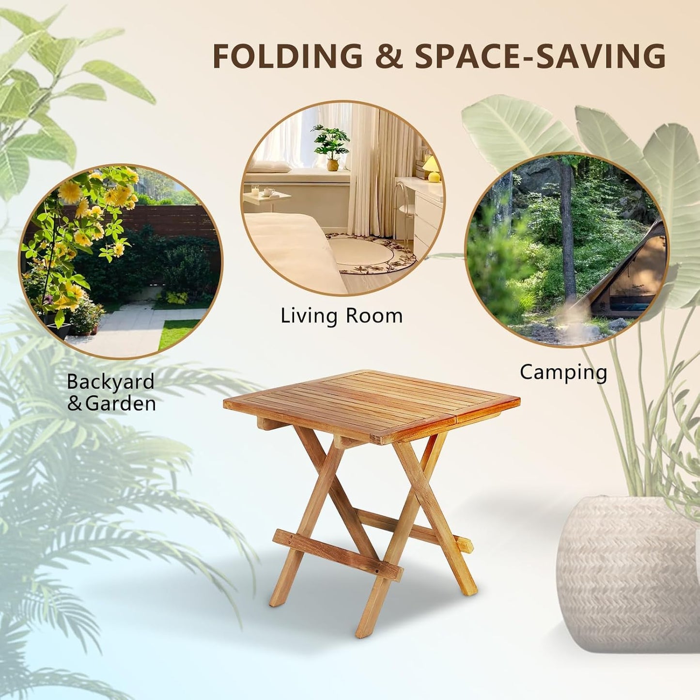 Teak Wood Patio Side Table, Square Folding Outdoor Side Table Waterproof, Sturdy Portable Bistro Table for Camping Deck Poolside