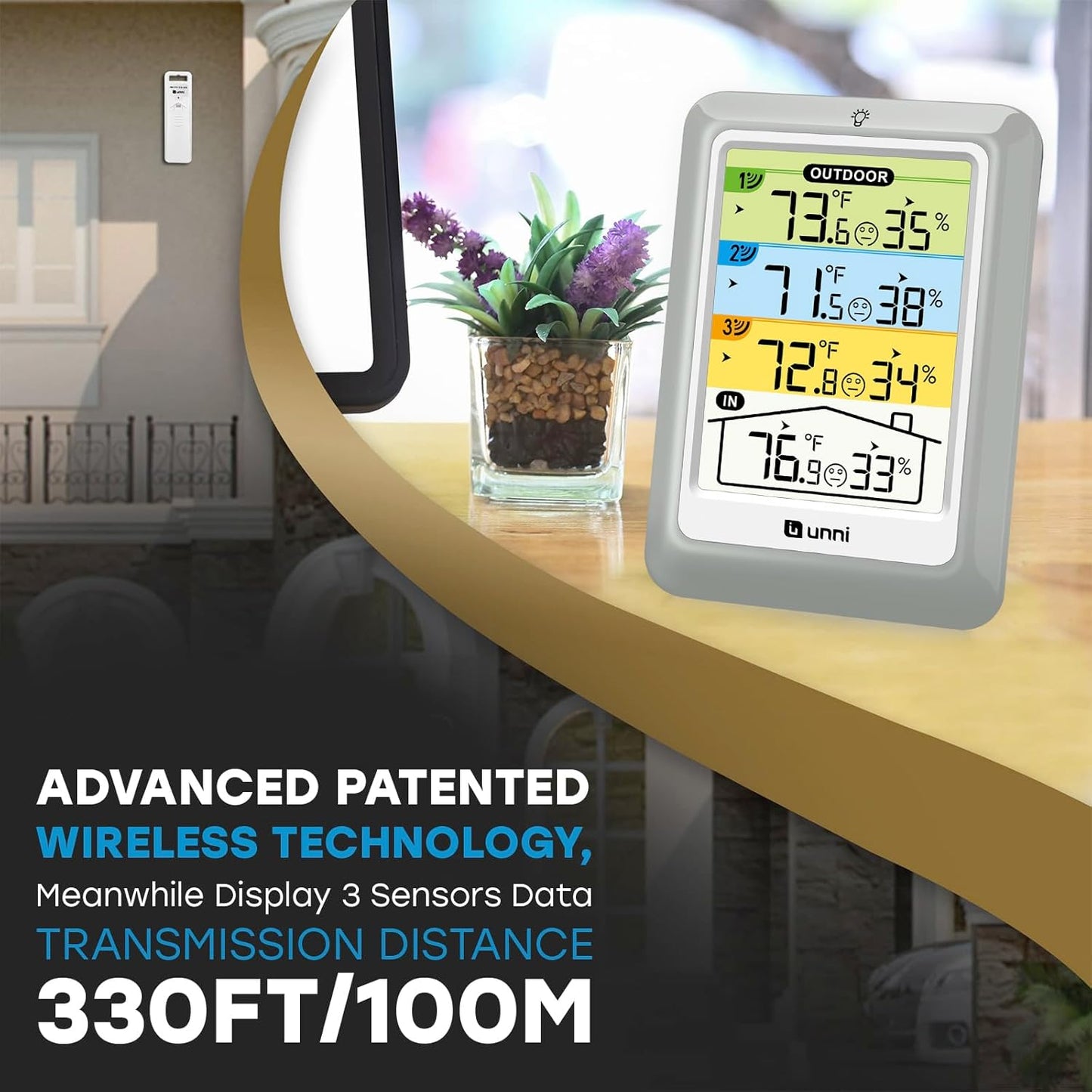 Indoor Outdoor Thermometer Wireless with 3 Sensors, 4.5 Inch Display with 330ft Range and Adjustable Backlight (Colorful)