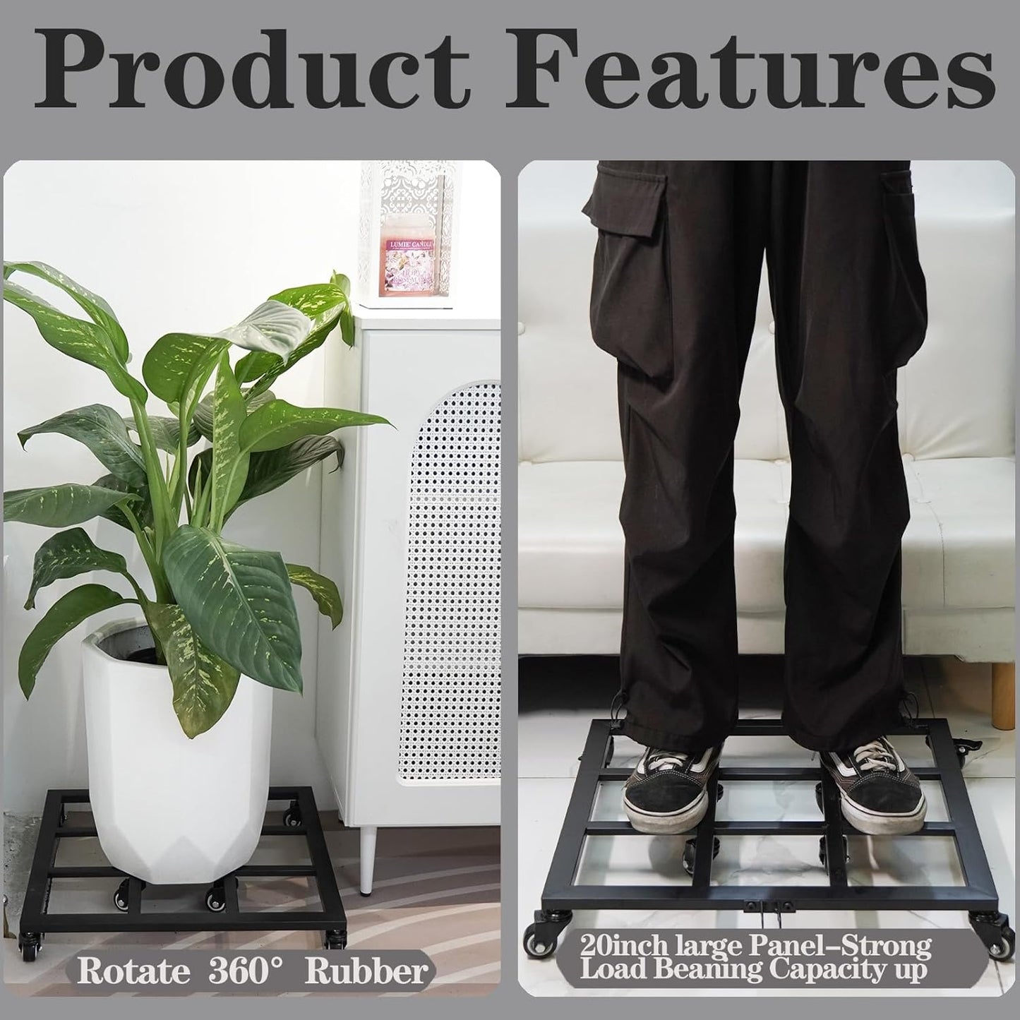 20-Inch Heavy Duty Plant Dolly with Wheels - 360° Swivel Rolling Planter Base for Indoor/Outdoor Use, Supports up to 200lbs, Includes Removable Handle for Effortless Mobility