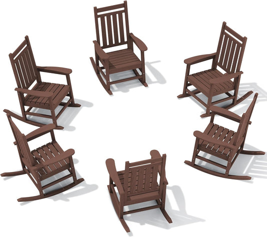 SERWALL HDPE Outdoor Rocking Chair Set of 6, Patio Rocking Chairs for Adults, All Weather Outdoor Rockers for Lawn, Brown