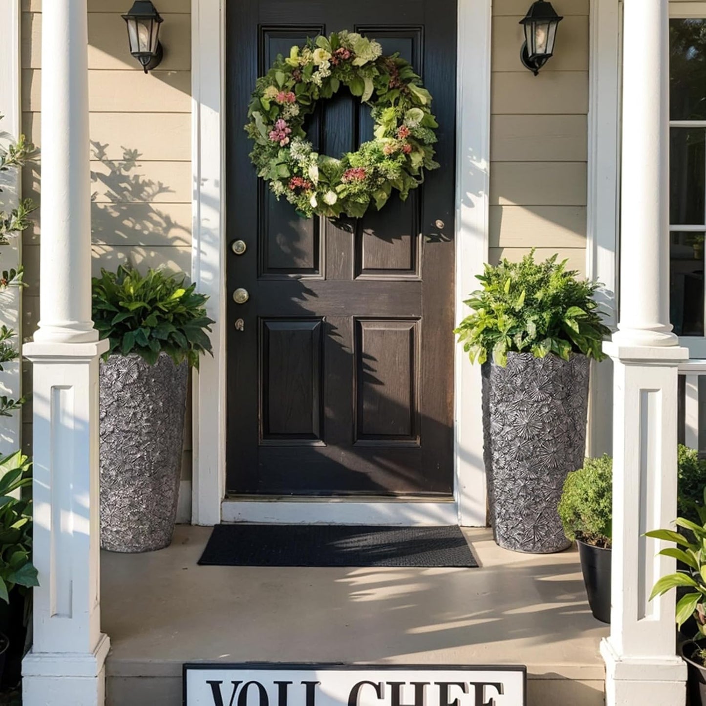 Yundu 16 & 20 inch high Concrete Plant pots Set of 2. Flower pots with Drainage Hole. Tall planters for Indoor Plants, Large planters for Outdoor Plants, Such as Garden, Patio and Front Porch Decor.