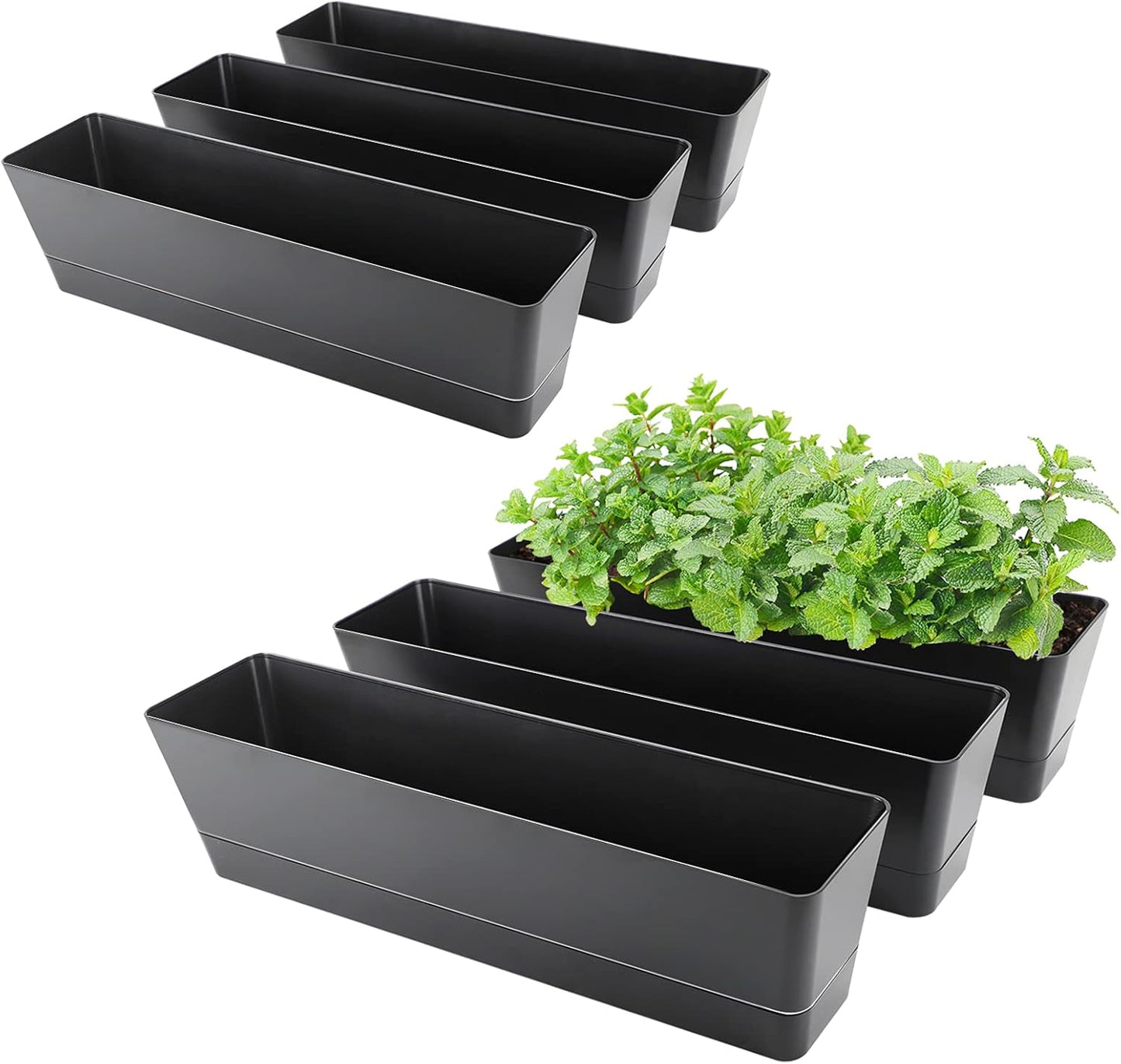 GREANER Rectangle Window Boxes, 6PCS 16x3.8 Inch Black Herb Planters with RemovableTray and Drainage Hole, Succulent Flowers Plastic Pot for Balcony, Office, Windowsill, Garden, Outdoor Decoration Use