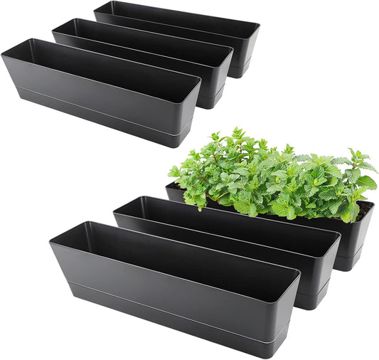 GREANER Rectangle Window Boxes, 6PCS 16x3.8 Inch Black Herb Planters with RemovableTray and Drainage Hole, Succulent Flowers Plastic Pot for Balcony, Office, Windowsill, Garden, Outdoor Decoration Use
