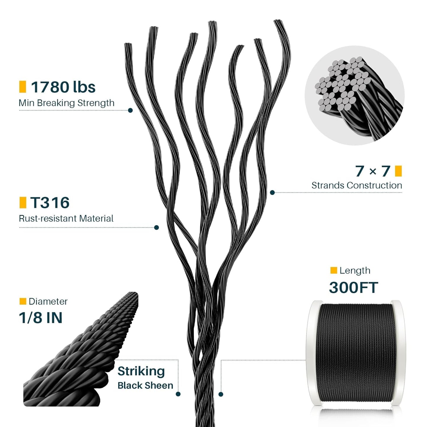 300FT 1/8" Black T316 Stainless Steel Cable, 7x7 Strands Construction, Black Wire Rope Aircraft Cable for Indoor, Outdoor, Deck Fence Railing, and DIY Balustrades