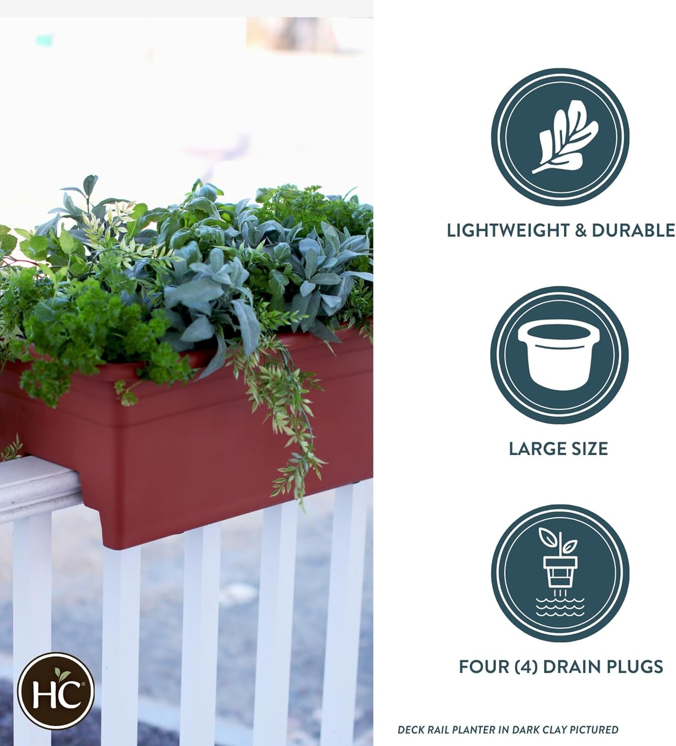 The HC Companies Deck Railing Planter Box w/Removable Drain Plugs - Lightweight & Weatherproof Plastic Flower Box - Balcony Planters for Railing and Fence (24”, Clay)
