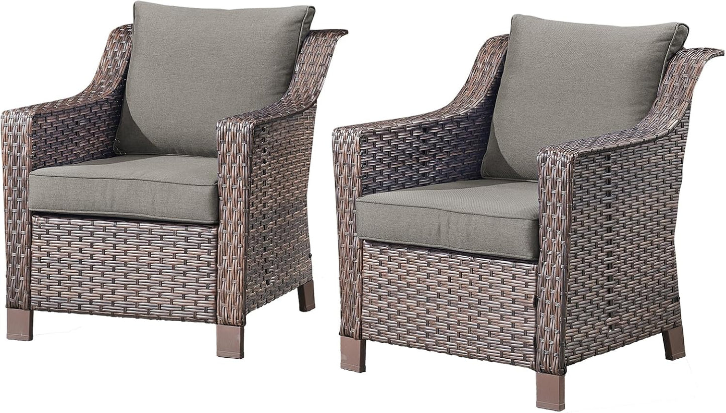 Outdoor Wicker Patio Chairs Set of 2 - Heavy Duty Outside Modern PE Rattan Lawn Chair for Front Porch Balcony Backyard Yard Deck Poolside Apartment – Brown/Grey