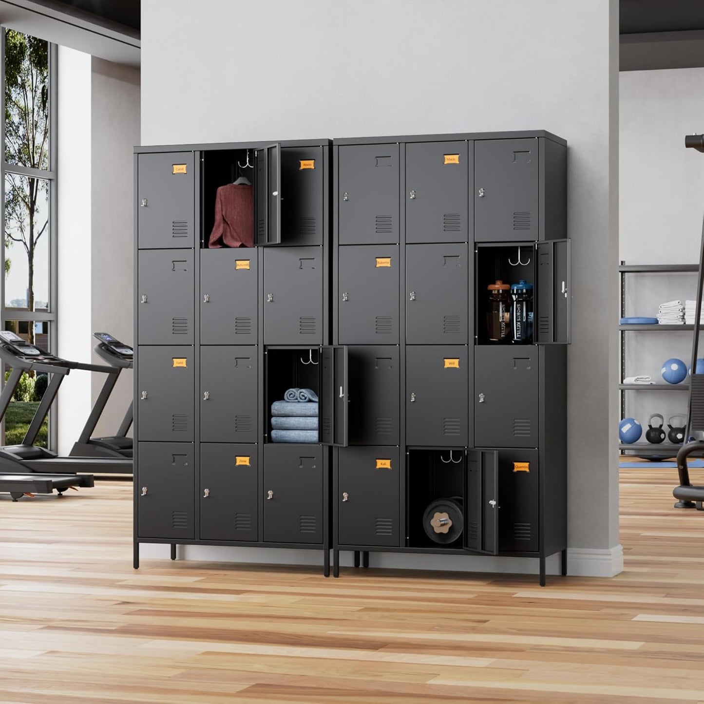 12 Doors Metal Lockers for Employees with 12 Hooks, Storage Locker with Business Card Holder for Office Gym School Bedroom, Assembly Required, Black